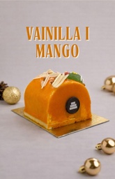 Tronc de Nadal de vainilla, cremos de mango i caramel de fruita de la passiò